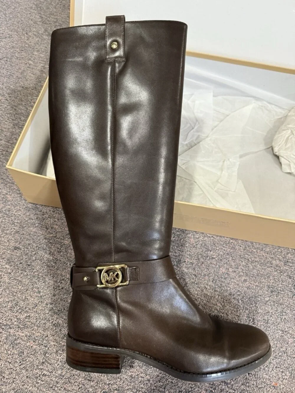 Michael Kors Charm Riding Boots Leather Dark Coffee Brown Size 9M w/ Box
